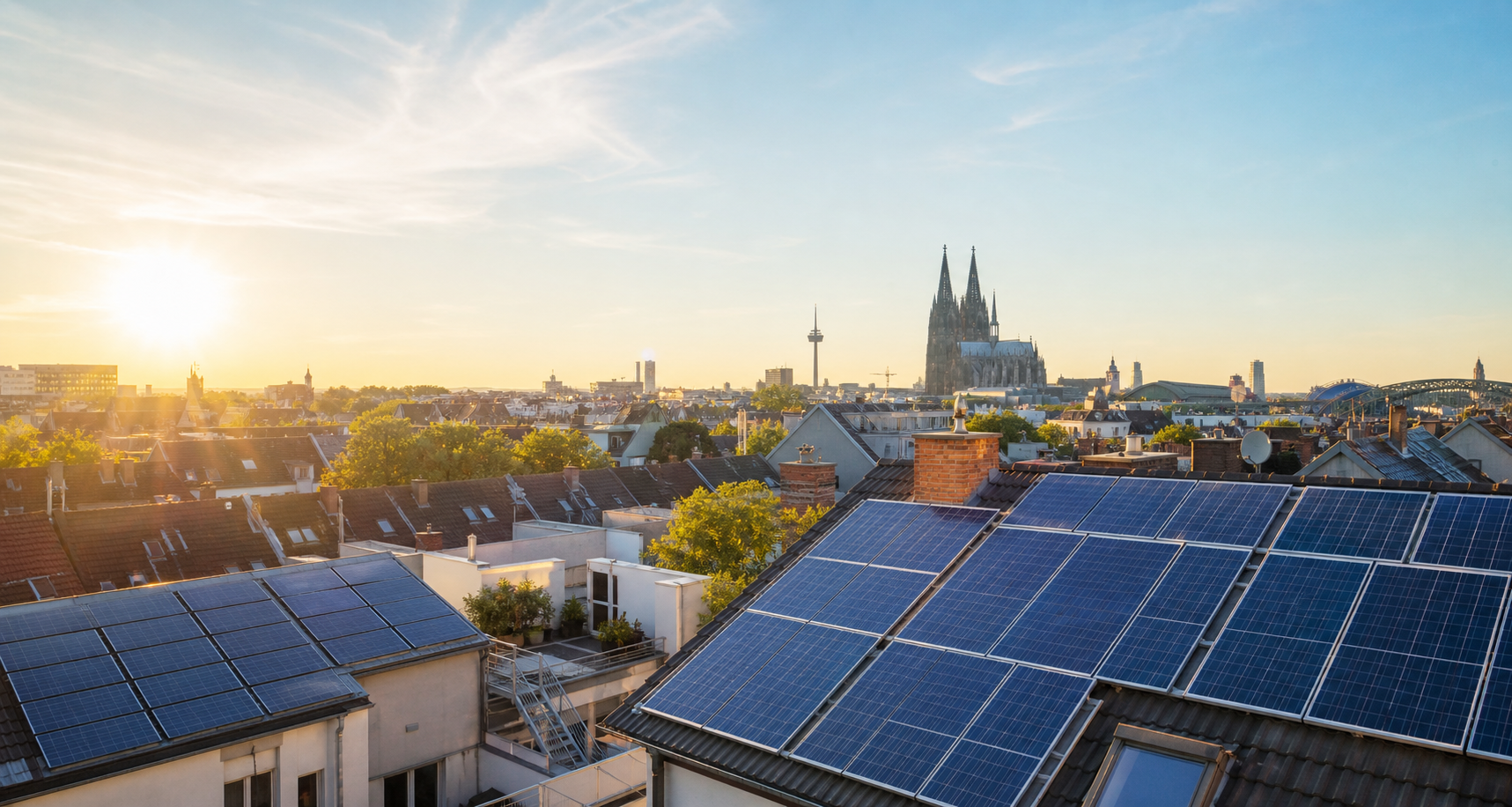 Solardächer in Köln bei Sonnenschein mit dem Dom im Hintergrund